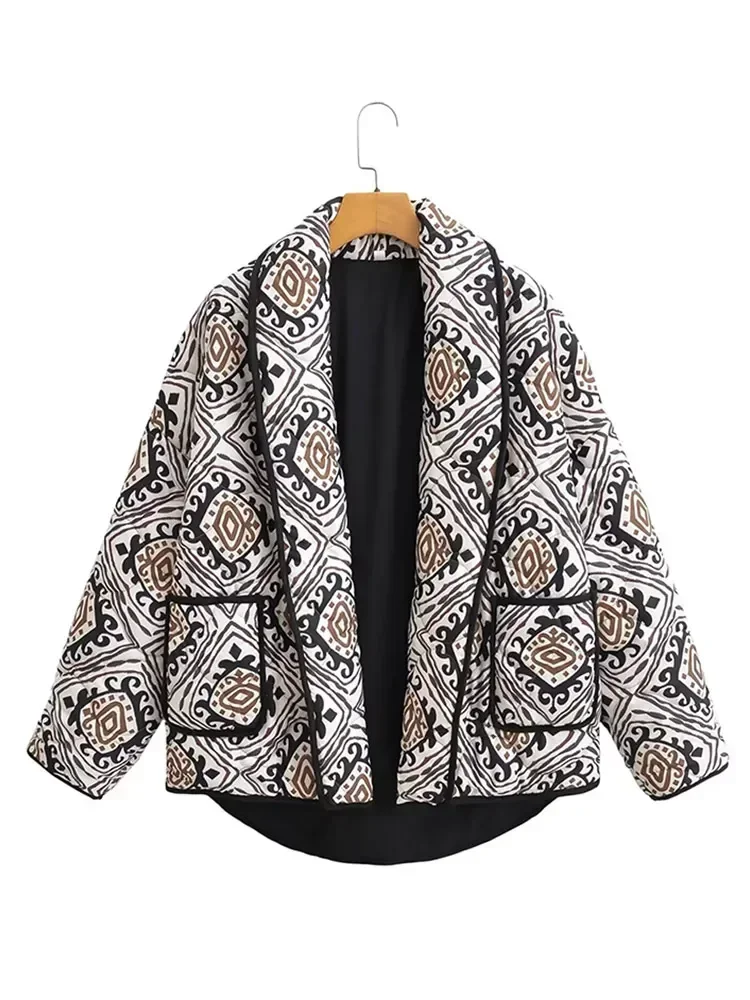 Casaco acolchoado estampado vintage feminino cachecol, casaco de inverno feminino manga longa com bolso, solto elegante senhora rua Outerwear