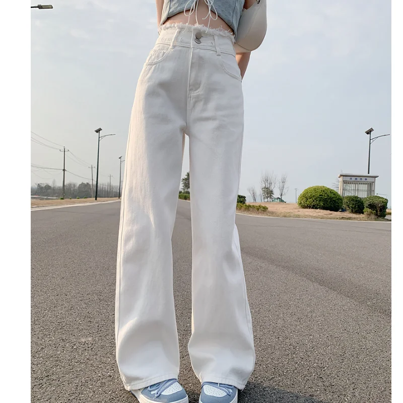 

White High Waist Women's Jeans Flare Pants Vintage American Fashion Street Wide Leg Jean Female Denim Trouser Baggy Denim Pants