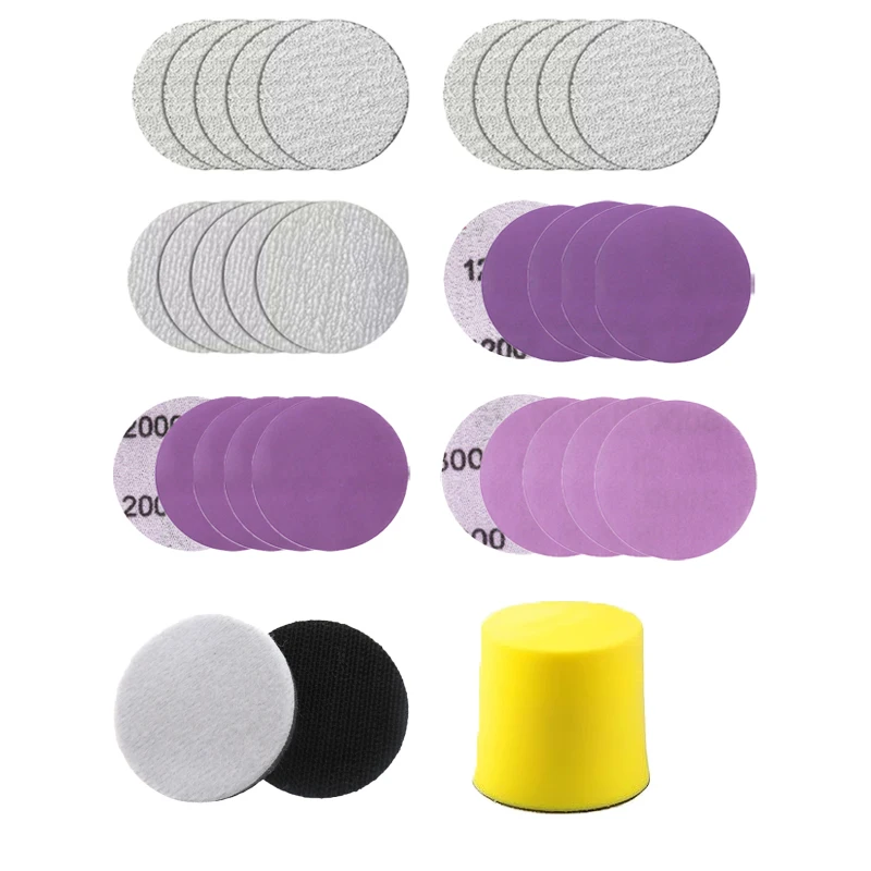 

2-дюймовый набор наждачной бумаги на липучке, 33 шт. с фиолетовой и белой наждачной бумагой, полировальный блок, шлифовальный блок для ремонта автомобилей