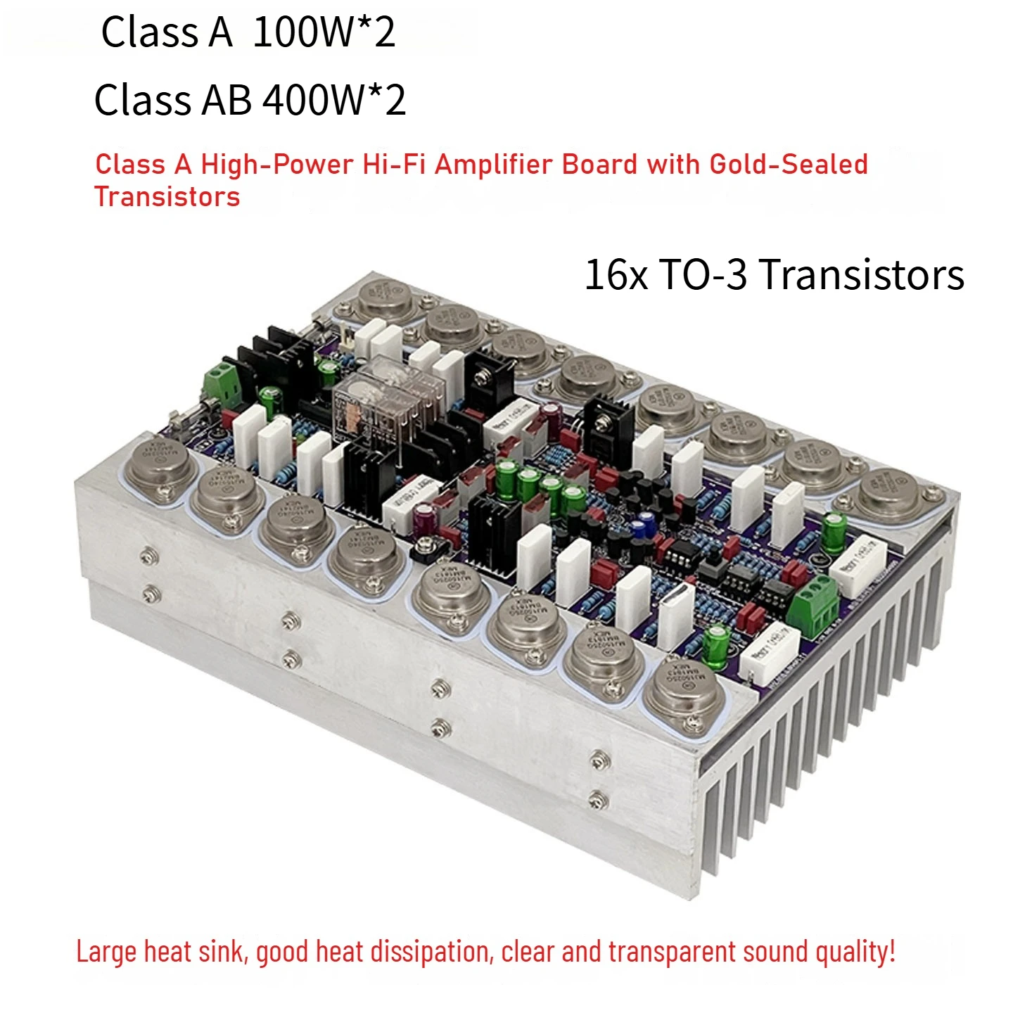 

T1 Class A Power Amplifier Board, 16x Gold Seal Transistor Hi-Fi Amp Module, 400W Dual Mono with Heatsink for DIY Audio