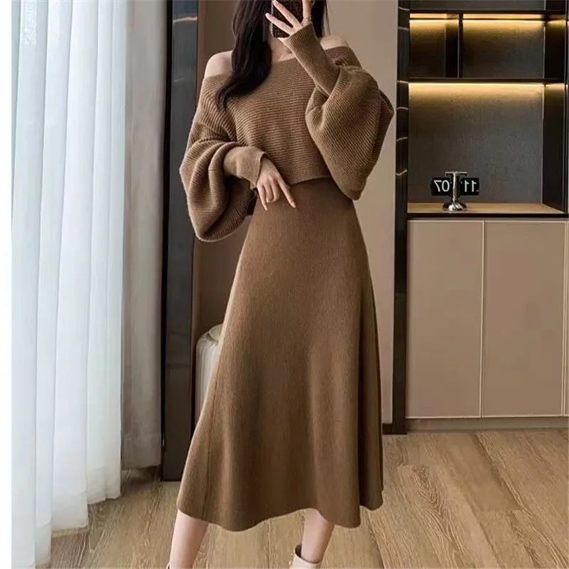 

Knit Dresses 2 Piece Sets Women O-neck Short Sweater Korean Chic Sexy Slim Maxi Vestidos Outfits E1158