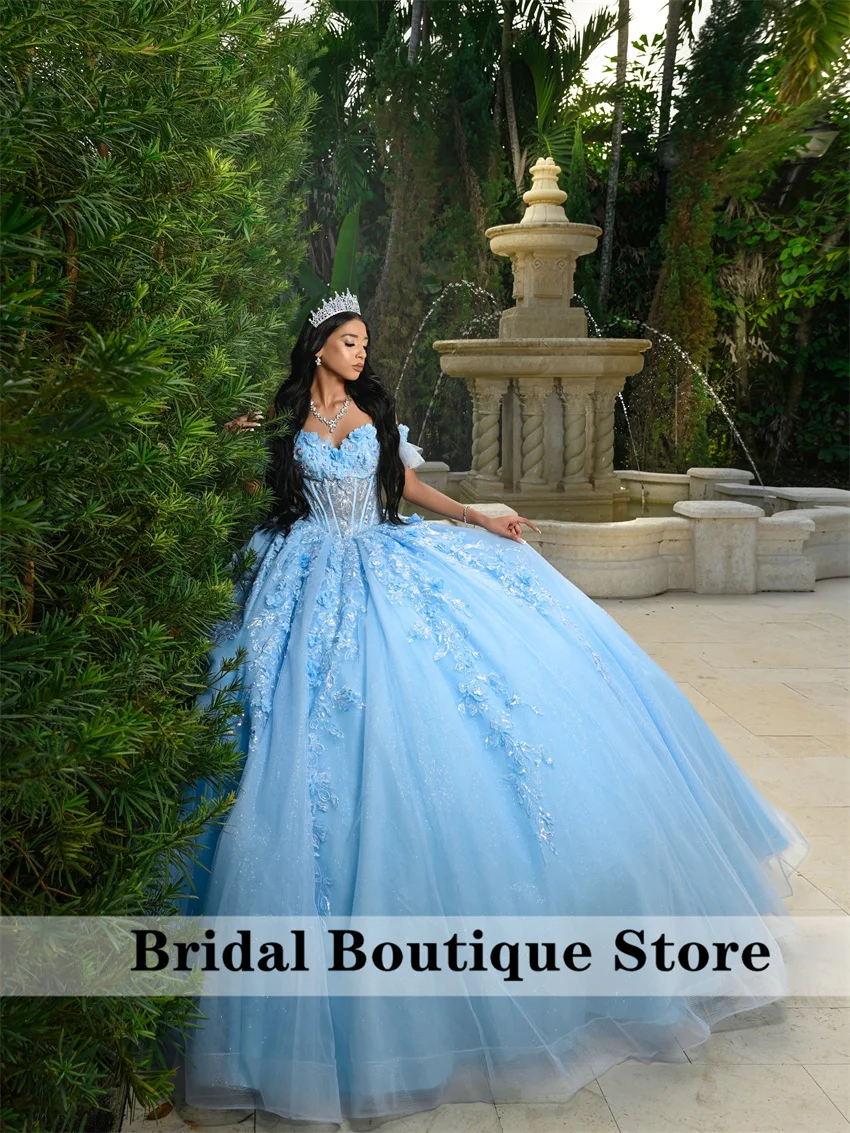 

Luxury Sky Blue Quinceanera Dresses 2025 Flower Appliques Crystals Beading Sweet 16 Dresses Ball Gown Customized