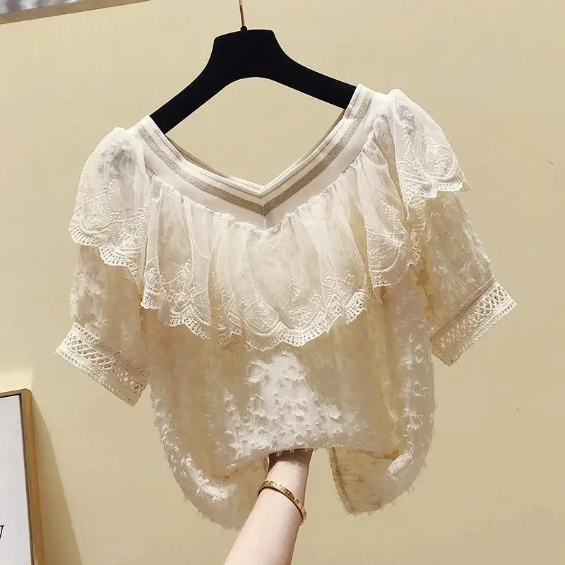 Elegant V-Neck Ruffles Lace Hollow Out Blouse Women\'s Clothing 2023 Summer New Oversized Casual Pullovers Office Lady Shirt