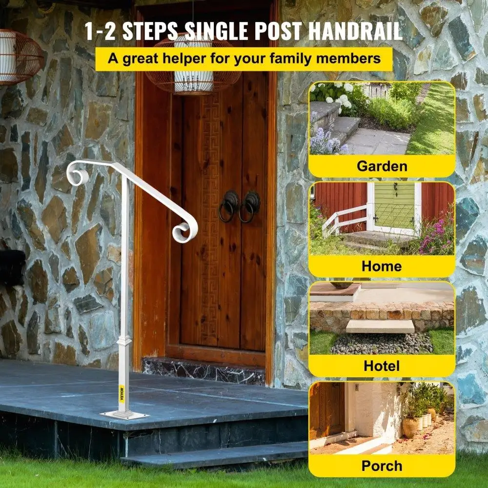 White Wrought Iron Single Post Handrail for 1 or 2 Steps - Durable Grab  Support