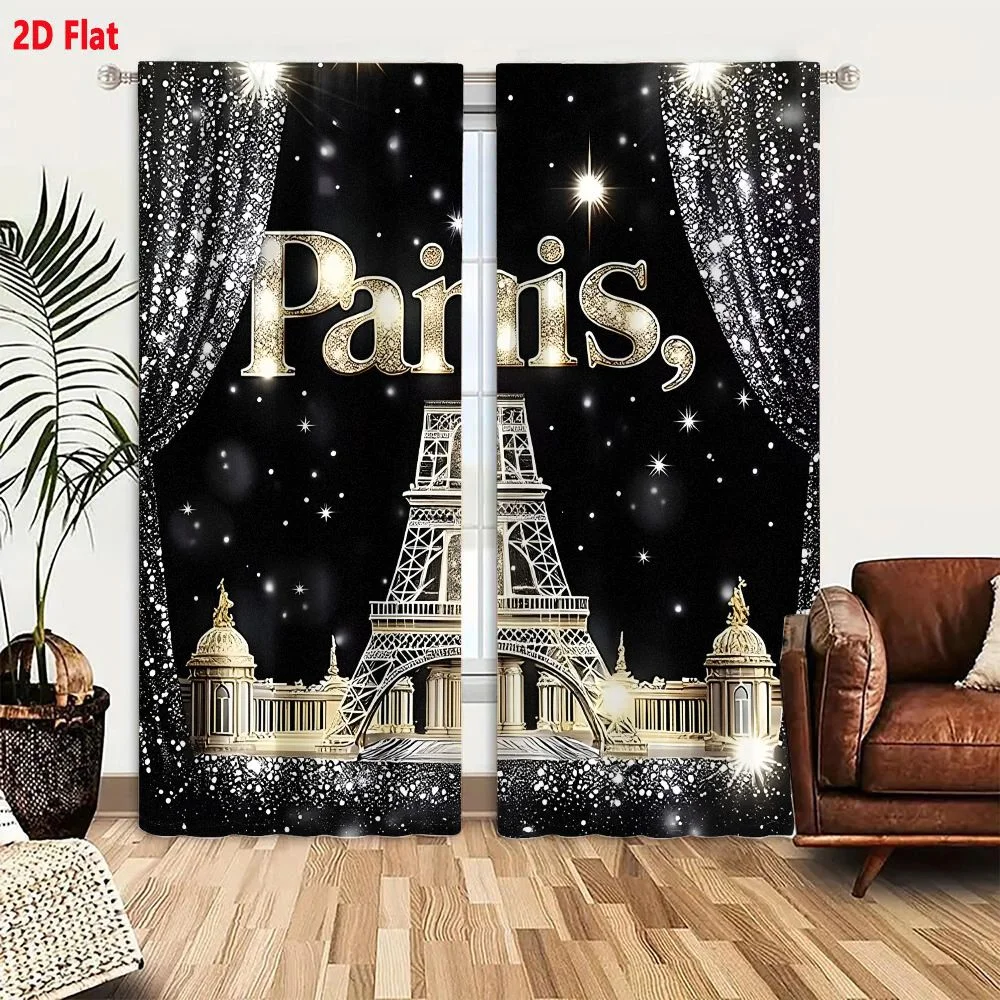 2Pcs Curtains Glittering Paris Eiffel Tower Luxury Stage Performance With Gold And Silver Sparkle Window Drapes for Bedroom Room