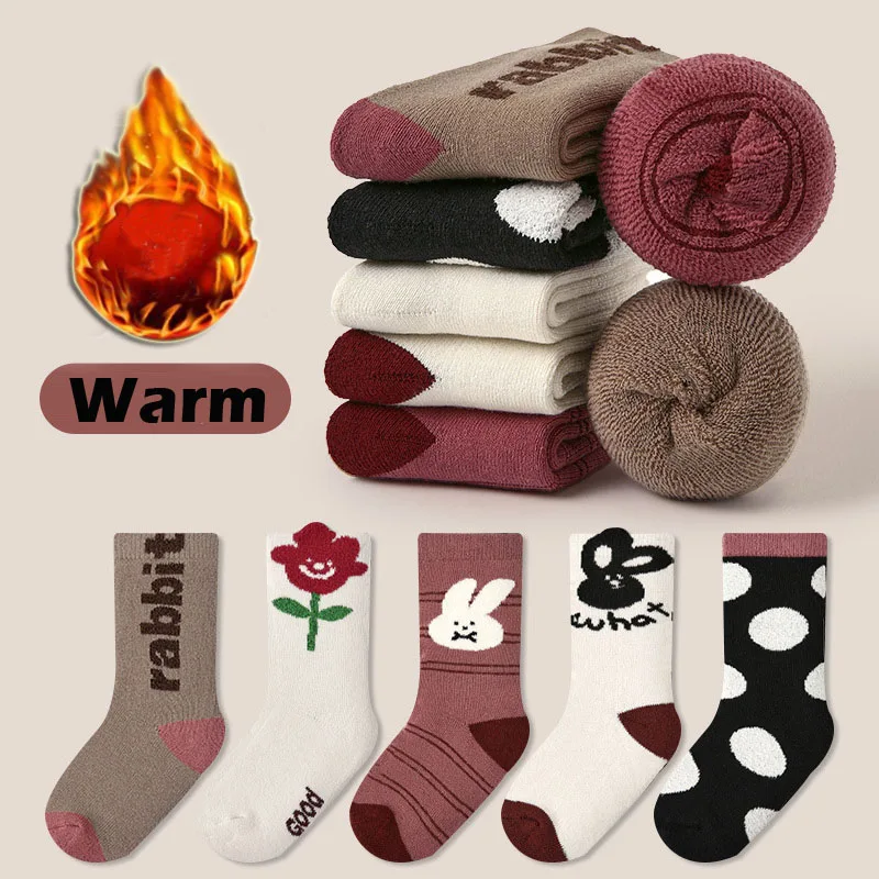 

5 Pairs /lot Winter Socks Warm Socks Girls Cute Bunny and Floral Pattern Thermal Socks Baby Infant Thicken Cotton Socks