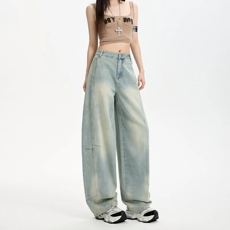 涼しく通気性の良いテンセルの薄手ハイウエストワイドジーンズ。 夏の女性のための新しいアメリカンレトロなルーズ三日月型ジーンズ