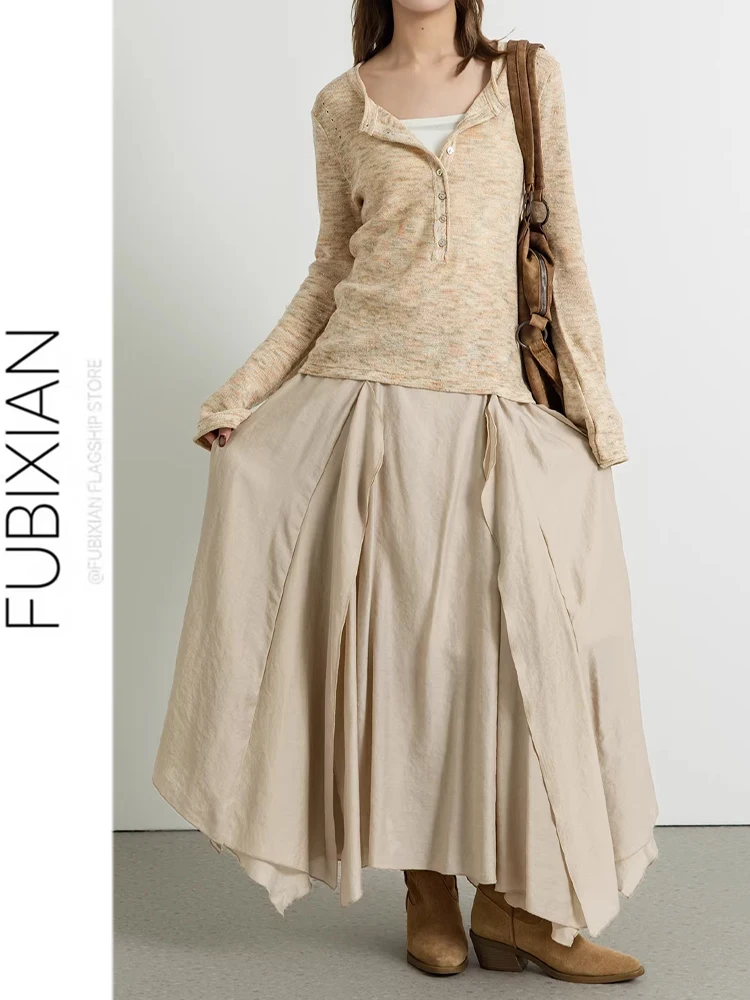 

Casual High Waist Asymmetrical Hem A-Line Skirt Women's Champagne Color Spring Midi Skirt Pleated Design Fashion Sensation