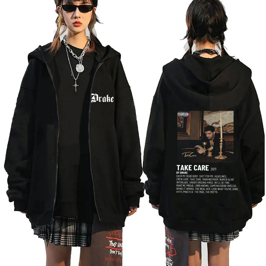 Rapper Drake Music Album Take Care Zipper Hoodie Men's Hip Hop Oversized Hoodies Men Clothes Male Fashion Vintage Zip Up Jacket