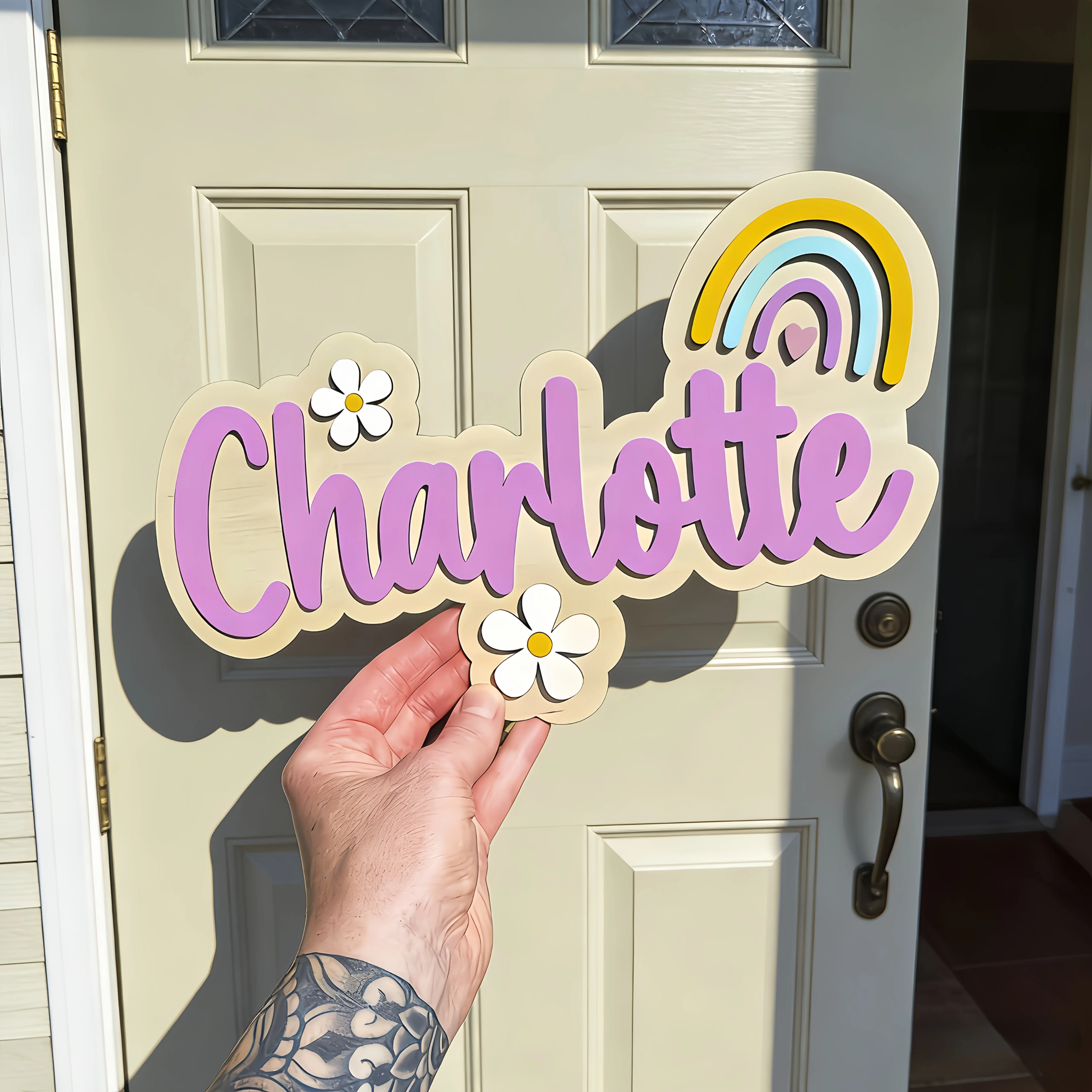 Personalized Wooden Name Sign Custom Name Plaque with Rainbow Daisy Custom Nursery Name Sign for Baby Girl Room Wall Decor