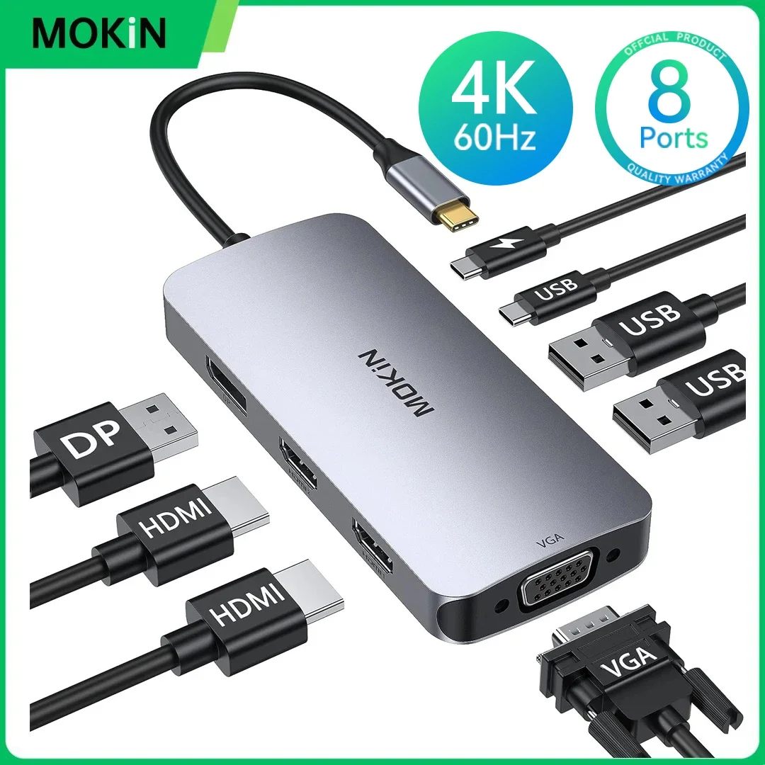 

MOKiN 8-in-1 Docking Station USB C Hub with 2 HDMI DP PD100W Charge Multi Monitors Adapter For Dell/HP/Lenovo Laptop Accessories