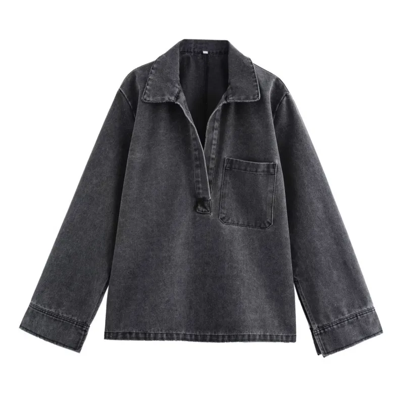 TRAF Denim Shirt for Women Autumn Loose Casual Half Open Collar Woman Top Pocket Decoration Blouses Simple Female Shirt