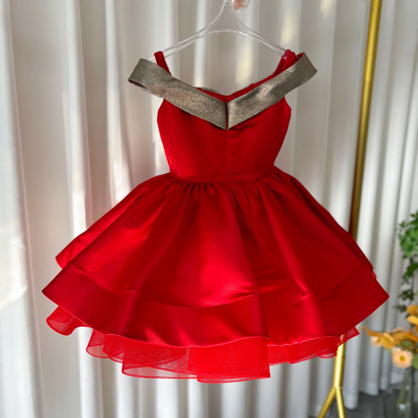 Jill Wish Christmas Off Shoulder Satin Girl Dress Knee Length with Bow Children Princess Birthday  Holiday Party Ball Gown  J284