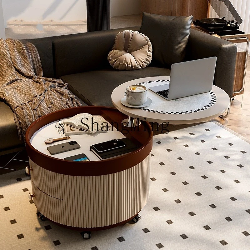 

LXY medieval rock slab coffee table living room household small apartment movable lifting rotating tea table