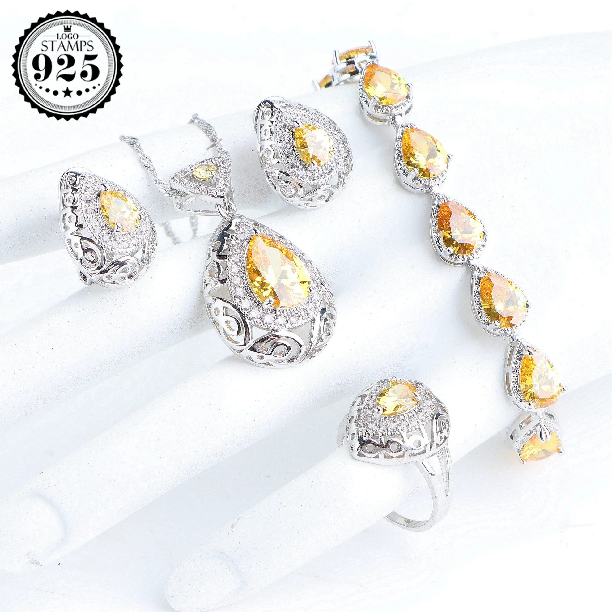 

925 Sterling Silver Jewelry Sets Yellow Zirconia Earrings Bracelets Rings Jewelry Pendants Wedding Necklace Bridal Set For Women