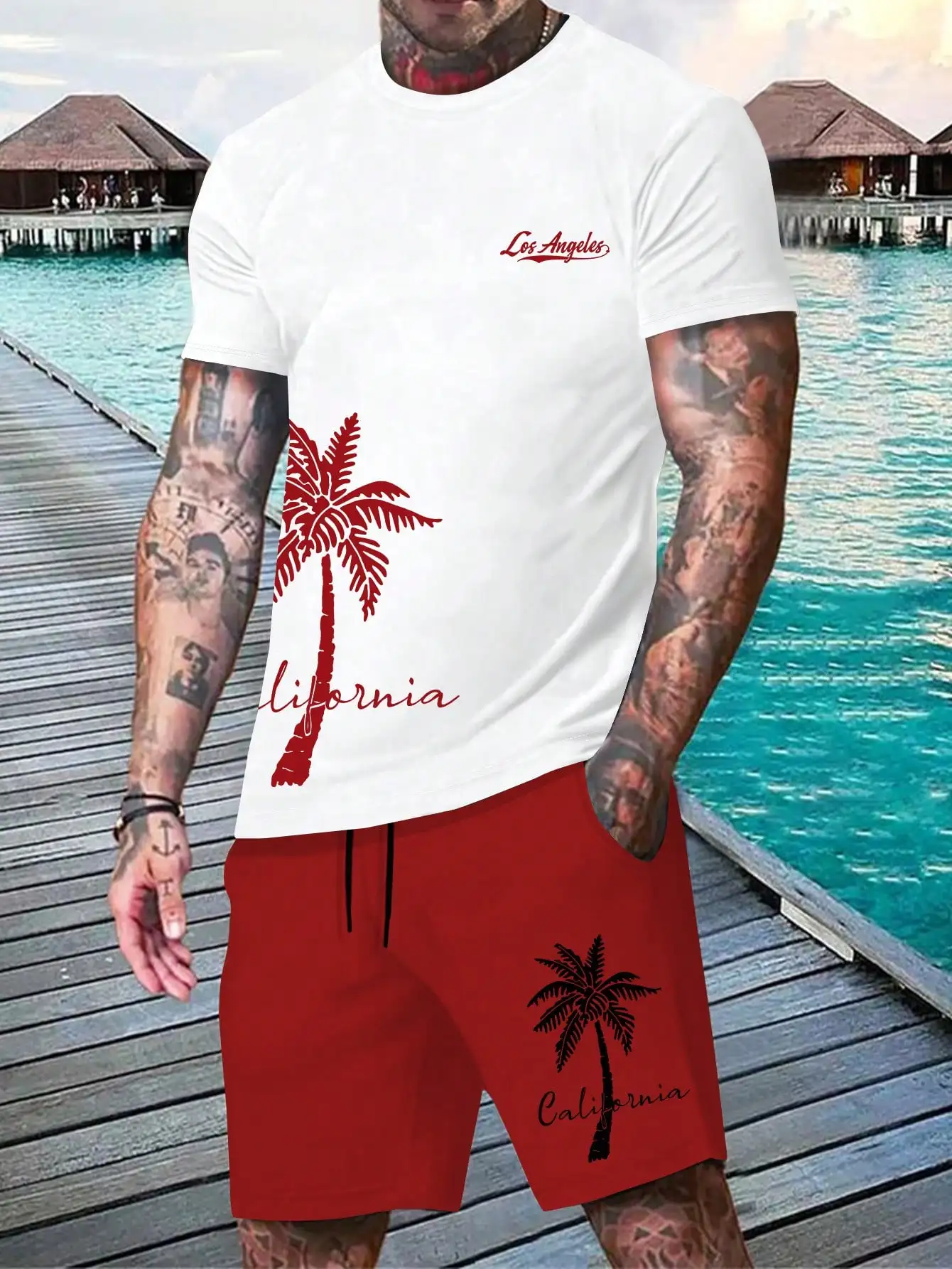 Fashion Outdoor Beach Men\'s Fashion Summer Casual Print Beach Style Short Sleeve and Shorts Suit