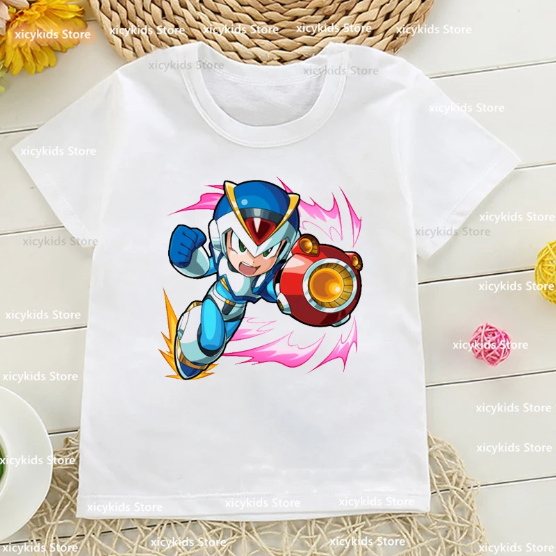 New Boys T-Shirt Funny ¡ Mega Man Listo Para Comenzar Cartoon Kids Clothes Summer Kids Clothes T Shirt White Short Sleeve Tops