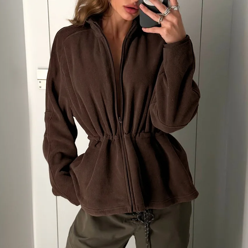 2026 Autumn  New Stand-up Collar A Pendulum Jacket European and American Zipper Long-sleeved Cardigan Women's Drawstring Waist