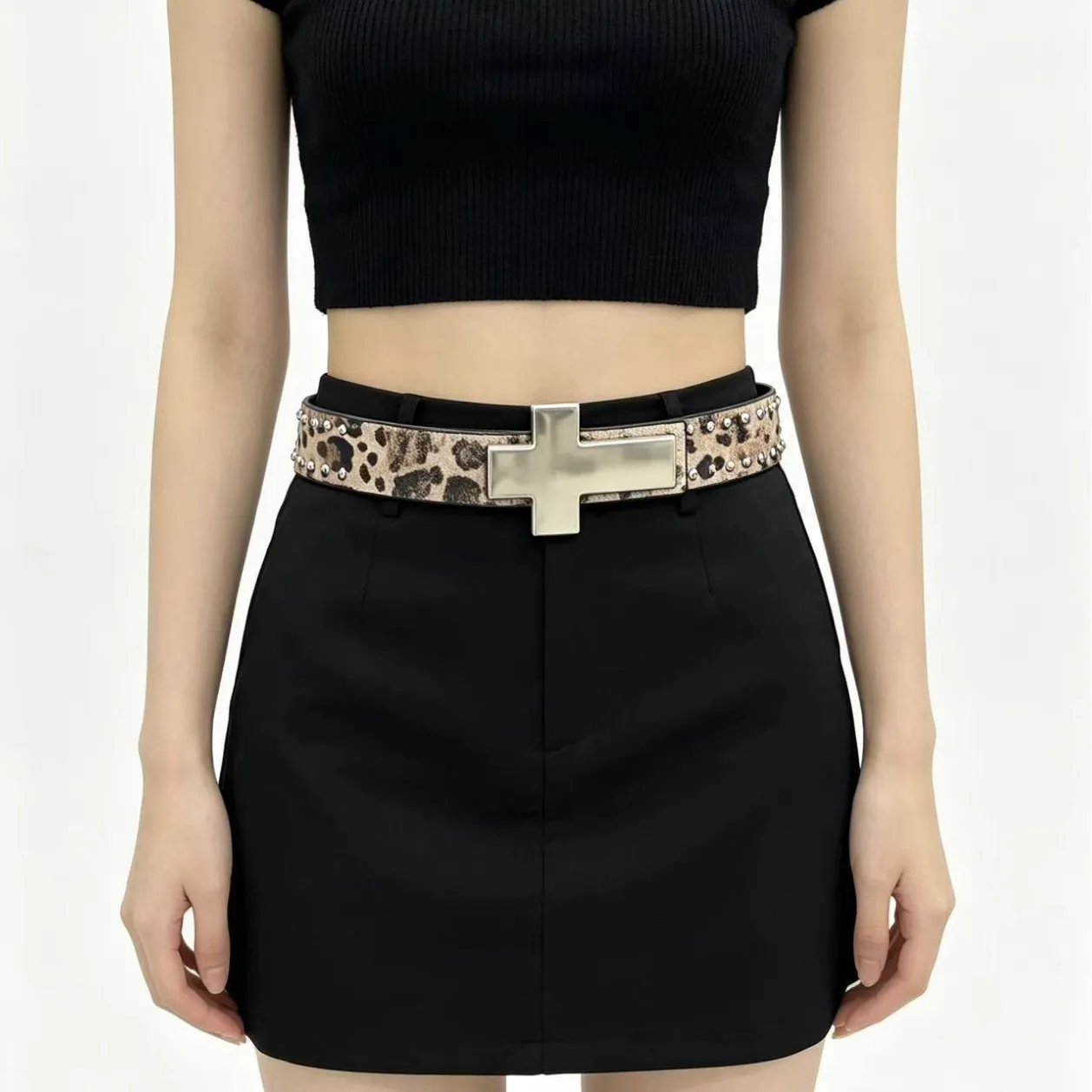 American Vintage Leopard Print Cross Belt, Street Y2K Alt Gothic Dark Punk Leather Belt for Men Women
