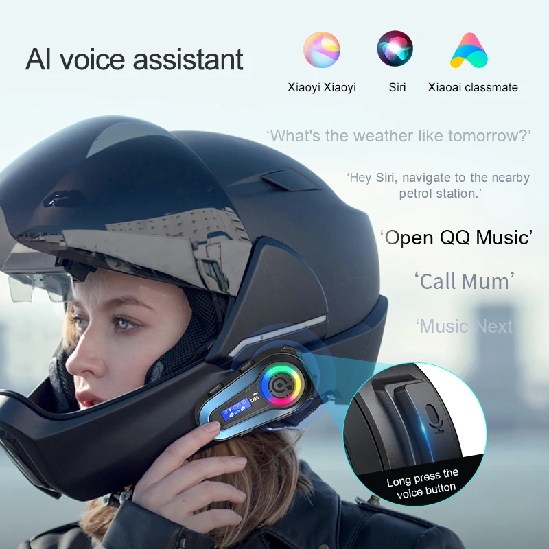 Q08 Max Motorcycle Helmet Bluetooth Headset With Colorful Light LCD Display Moto Intercom FM Radio Waterproof Helmet Headphone