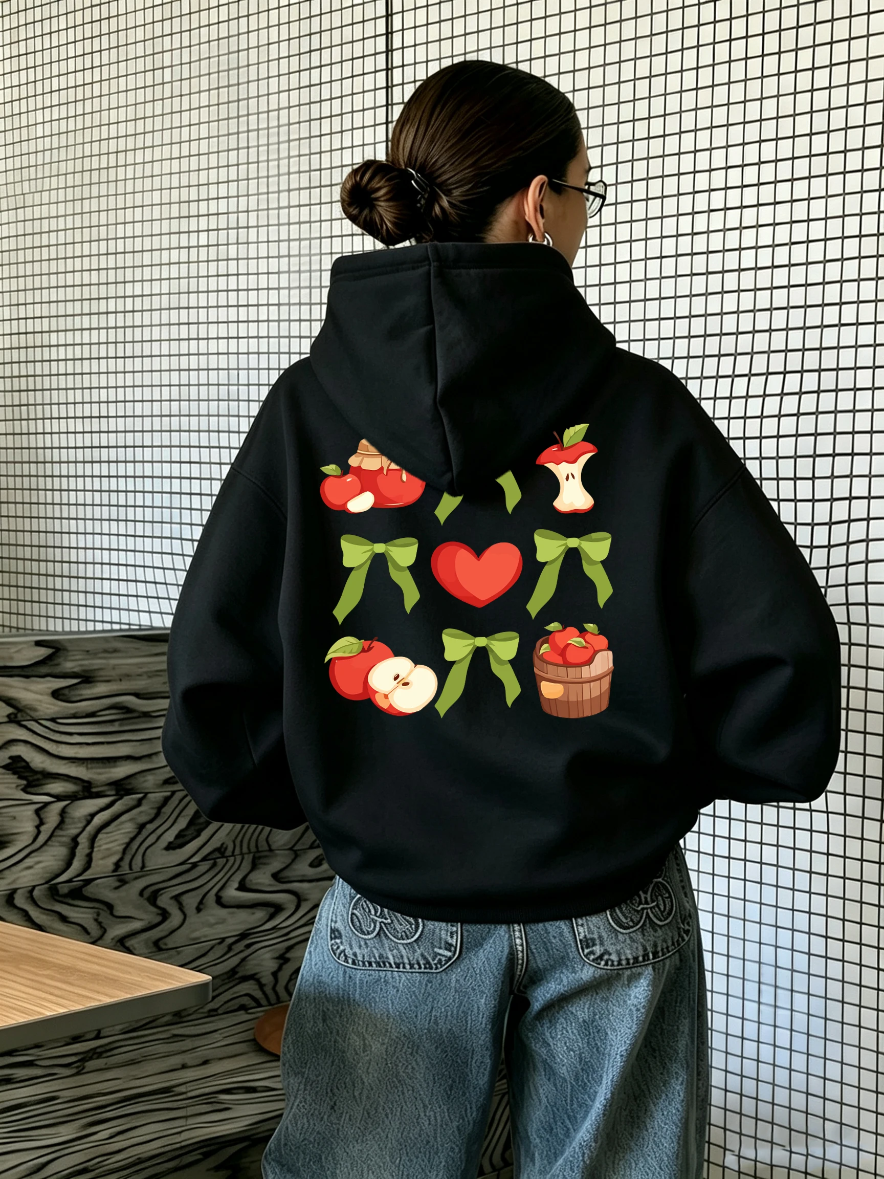Apple Theme Jam Jar Heart Green Bows Pattern Women Hoodie Soft Fleece Streetwear Autumn Casual Pullovers Sport Y2K Hoodies