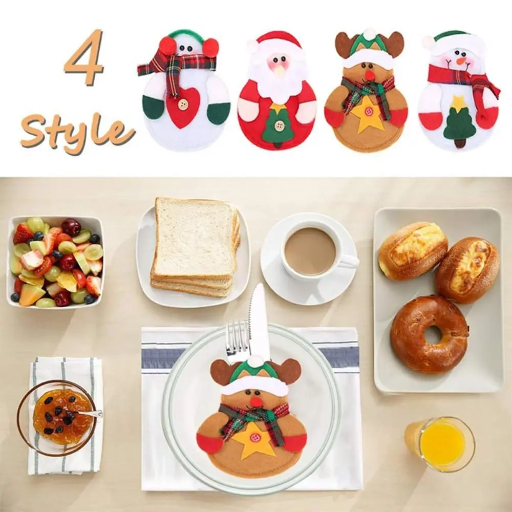 4Pcs Santa Claus Christmas Cutlery Holder Bag Snowmen Dinner Table Decor Tableware Cover Bags Table Ornaments