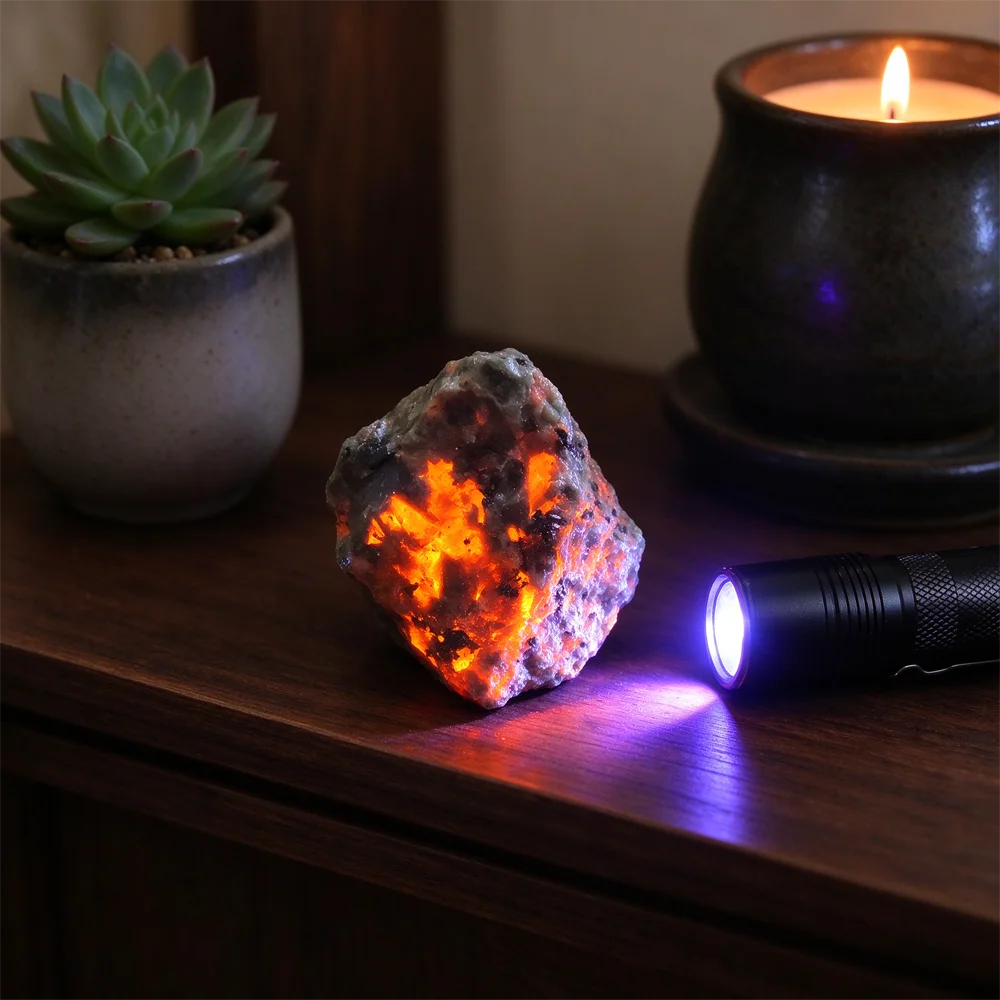 Natural Yooperlite Flame Stone UV Reactive Fluorescent Rough Rock Glows Orange Under Black Light Mineral Specimen for Home Decor