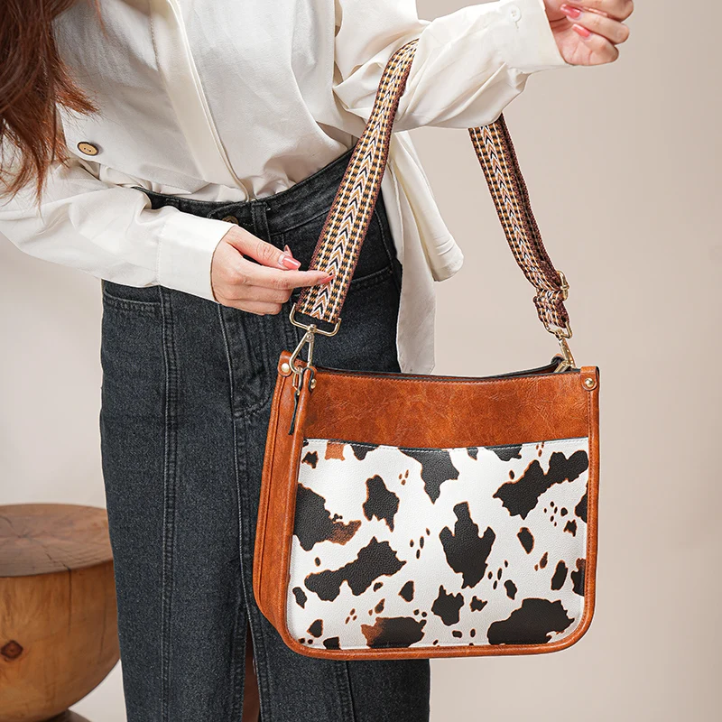 2pcs Cow Pattern Shoulder Bag, Fashion Casual Faux Leather Crossbody Bag With Vintage Strap, Women\'s Versatile Handbag & Purse