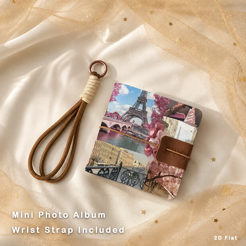 Paris Eiffel Tower Cherry Blossom Collage Print Mini Photo Album with Wrist Strap, Portable Pocket Photo Storage Book for 3 Inch