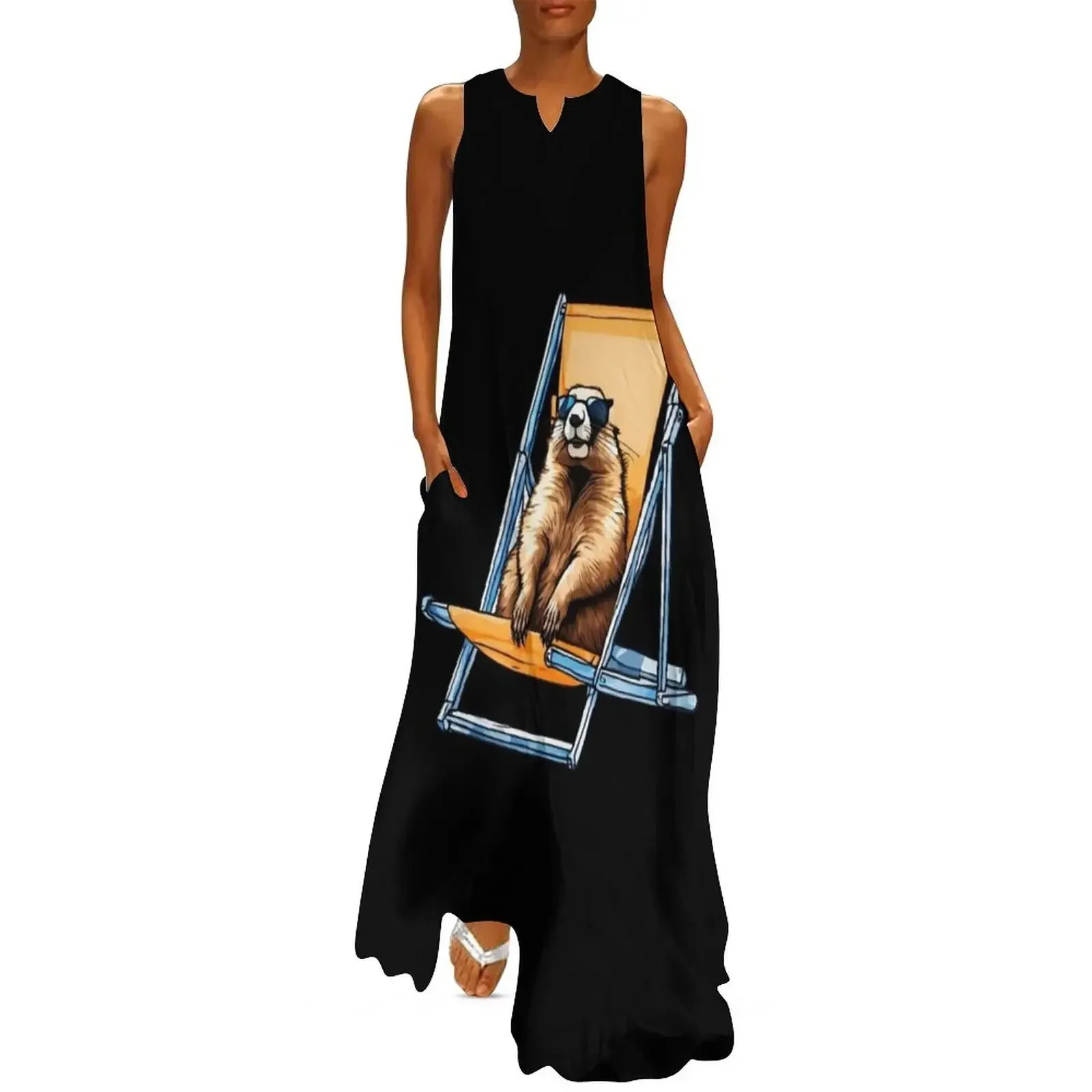 

Relaxed Marmot with Glasses on a Deckchair Long Dress Elegant gown Woman dresses summer women's suit dress summer Dress