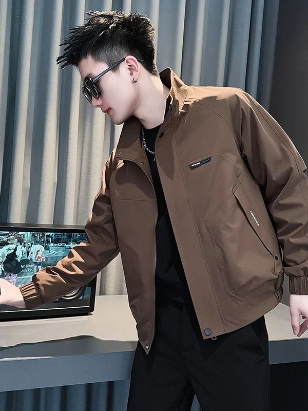 

Повседневная рабочая куртка для мужчин, весна-осень, с воротником-стойкой, на молнии, новинка 2025 года, универсальная мужская верхняя одежда из полиэстера