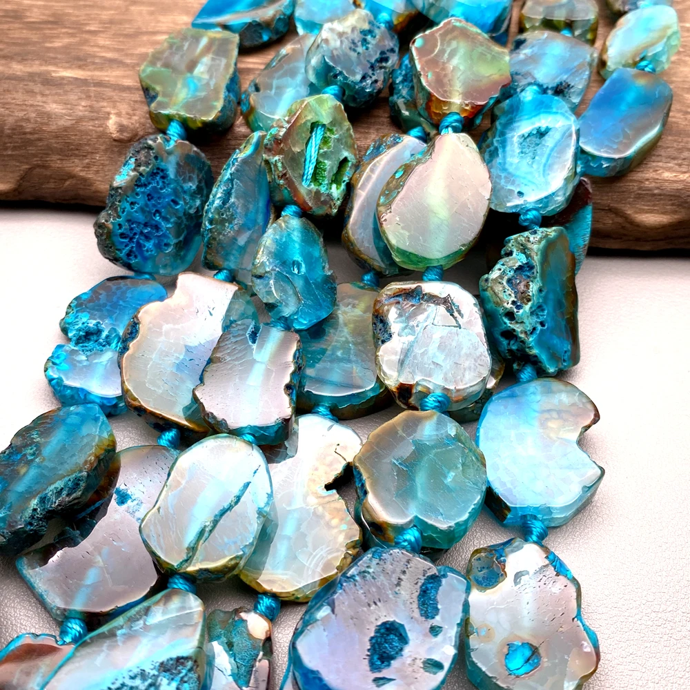 2 Strands Smooth Blue Agate Cluster Geode Nugget Slice Focal Beads 16