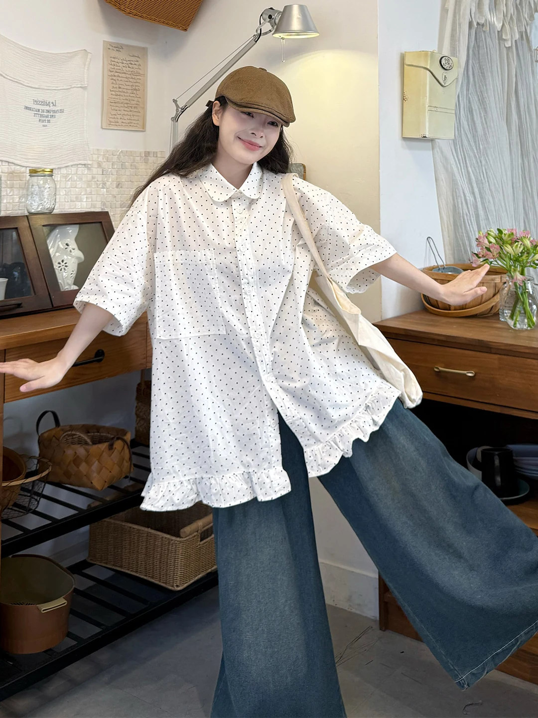 

plus Size Women's Sweet Polka Dot Short Sleeve Shirt Loose Jeans Set Summer Comfortable Breathable High Waist Print Casual Ou...