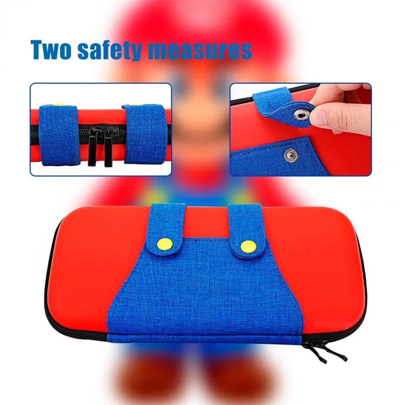 Storage Bag for Nintendo Switch Console, Game Cartridges, and Data Cables. Features Dual Safety Buttons