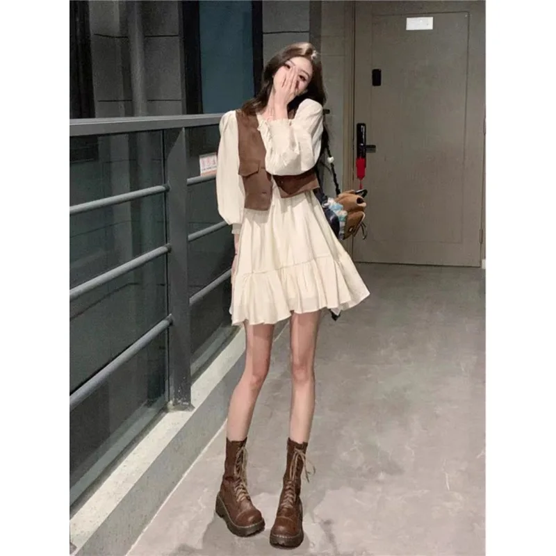 Vintage Hong Kong-style Casual suit Women's Stacked Vest Niche Autumn Long-sleeved Loose dress Two-piece Set