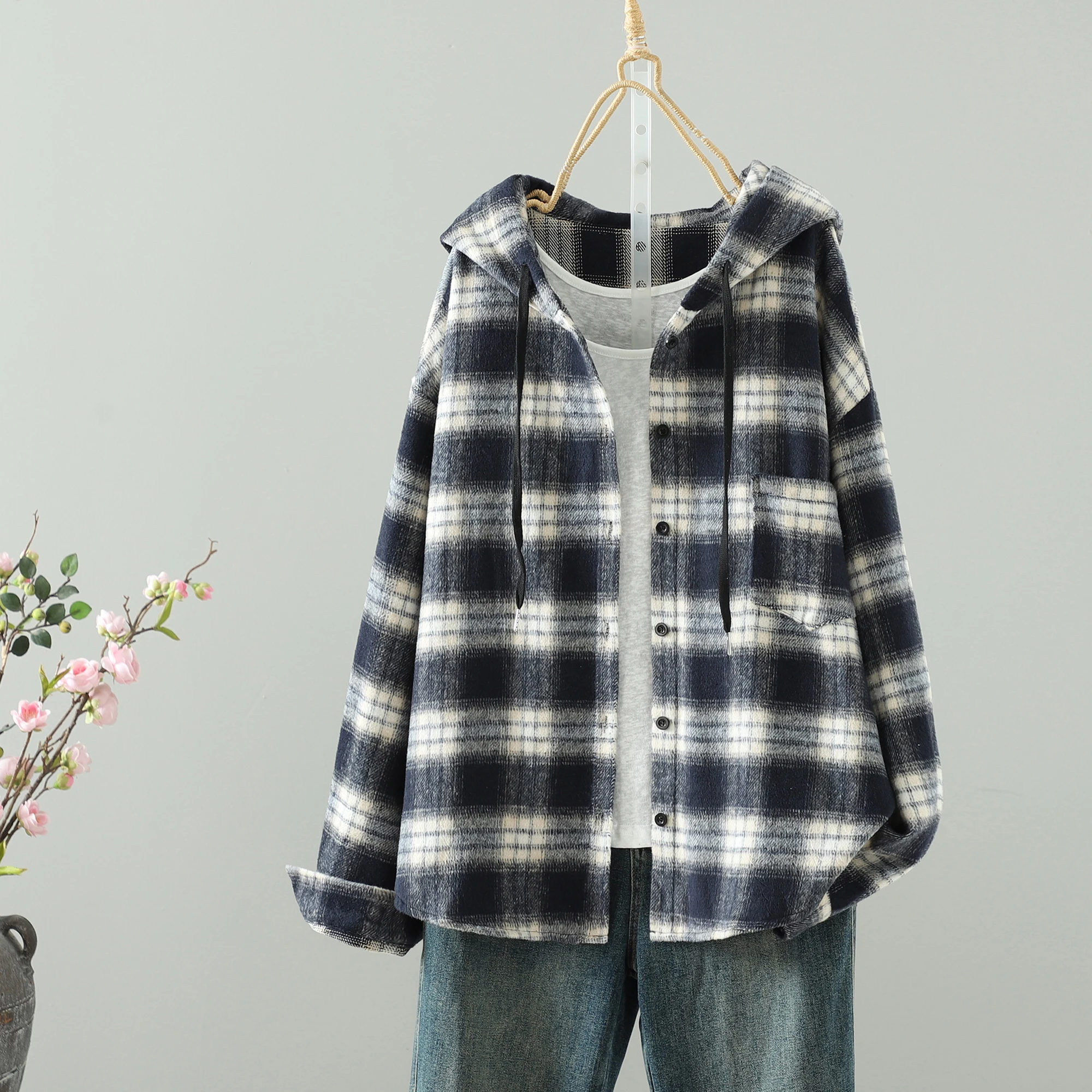 

Autumn Winter Woolen Plaid Hooded irt Jaet Loose Lazy Sle Mid-Length Casual Coat for Men And Women Commute Thiened Po...