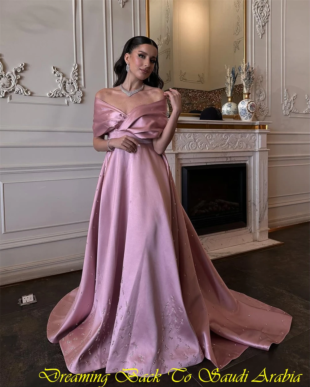 Customized Classic Pink Satin Evening Dress Formal V-Neck Off the Shoulder Party Dress Graceful A-Line Court Train Prom Dresses