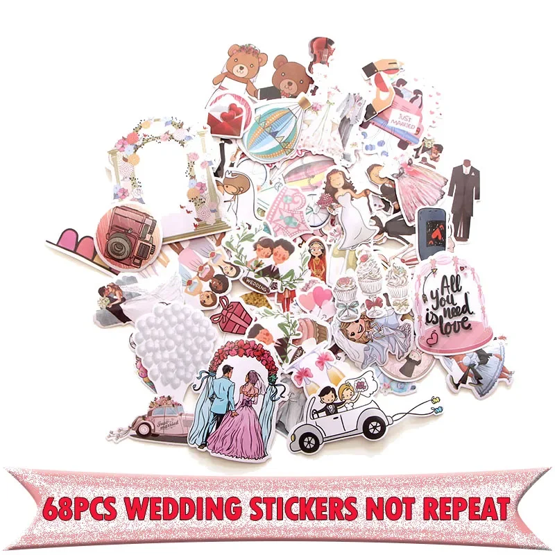 68pcs Wedding theme Creative badges DIY decorative stickers Cartoon for DIY PC wall notebook phone case scrapbooking album E0001