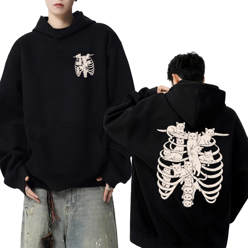 

Gothic Harajuku Skeleton Cat Double Sided printed Hoodies Men women Fleece Casual streetwear pullovers Unisex vintage Sweatshirt