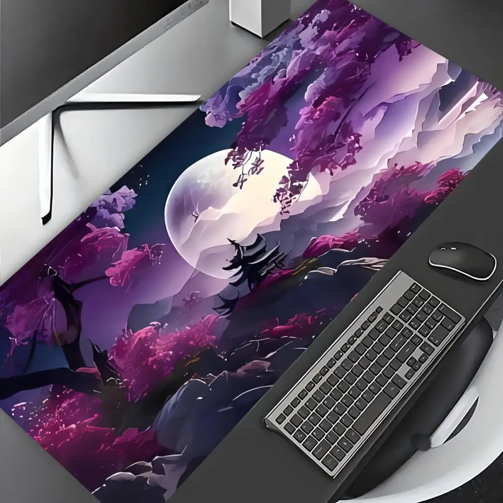 

Large Gaming Mouse Pad, Purple Cherry Blossom and White Moon Design, Game Accessories, Lock Edge, Perfect for Office and Gaming