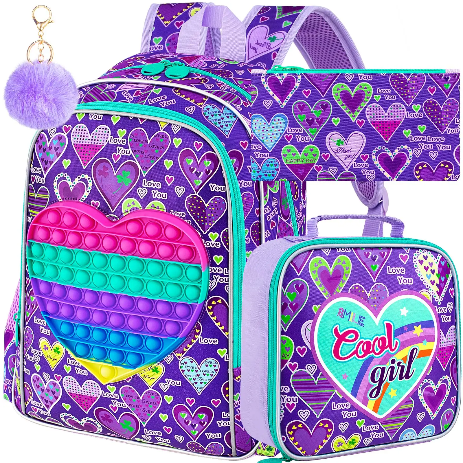 

3PCS Girls Bookbag, 16" Kids Heart Backpack with Lunch Box, Water Resistant School Bag for Elementary Preschool Toddler
