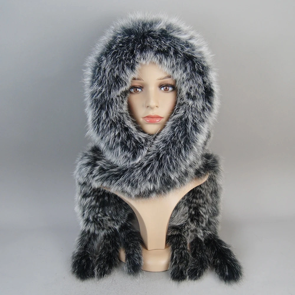 Winter Thick Women 100% Natural Fox Fur Hat Scarves Lady Warm Fluffy Real Fox Fur Hat Scarf Luxury Knit Genuine Fur Caps Muffler