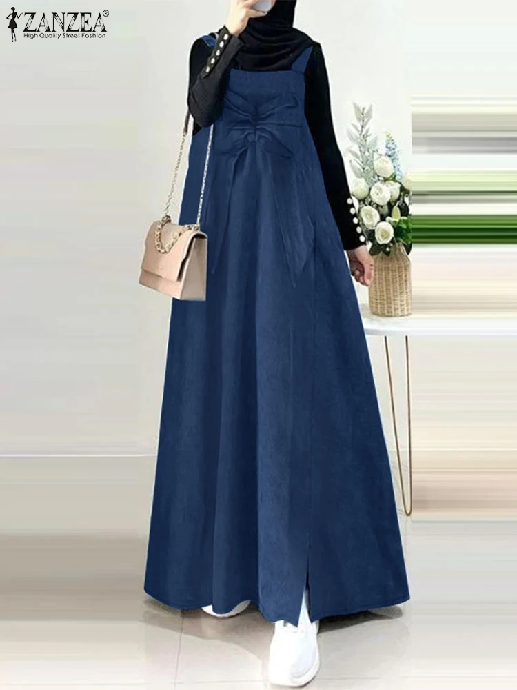 ZANZEA Islamic Bowknot Detail Maxi Dress Casual Suspender Sleeveless Muslim Overall Dress Summer Women Denim Blue Pinafore Robes