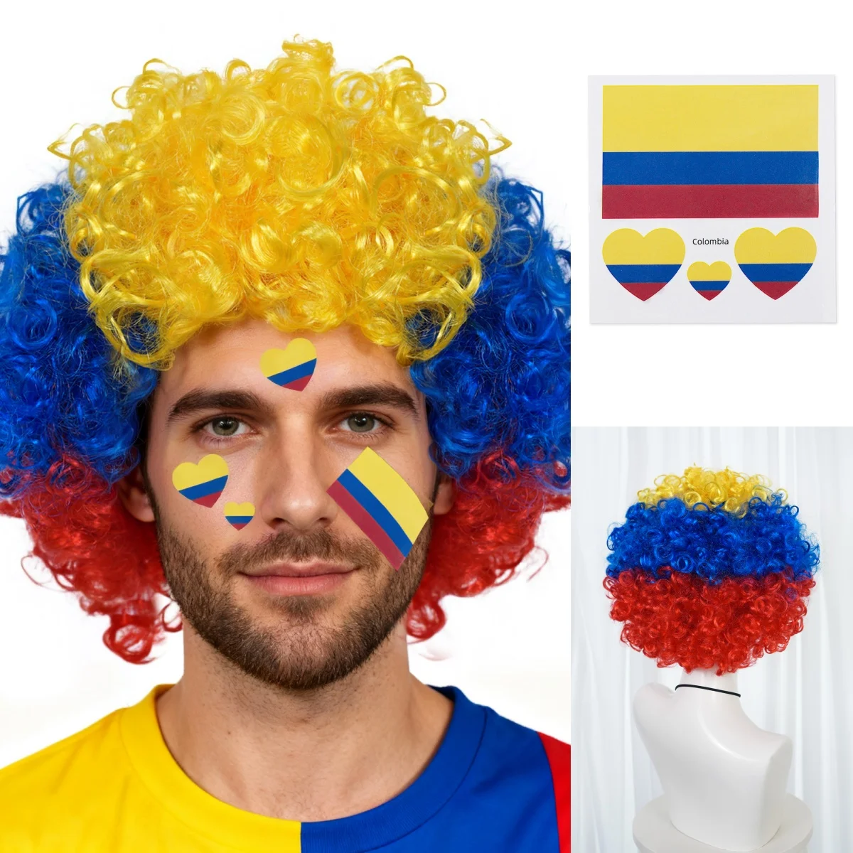 

Colombia Yellow Blue Red Afro Curly Wig With Heart Face Stickers Football Fan Sports Party Cosplay Wig Synthetic Wig