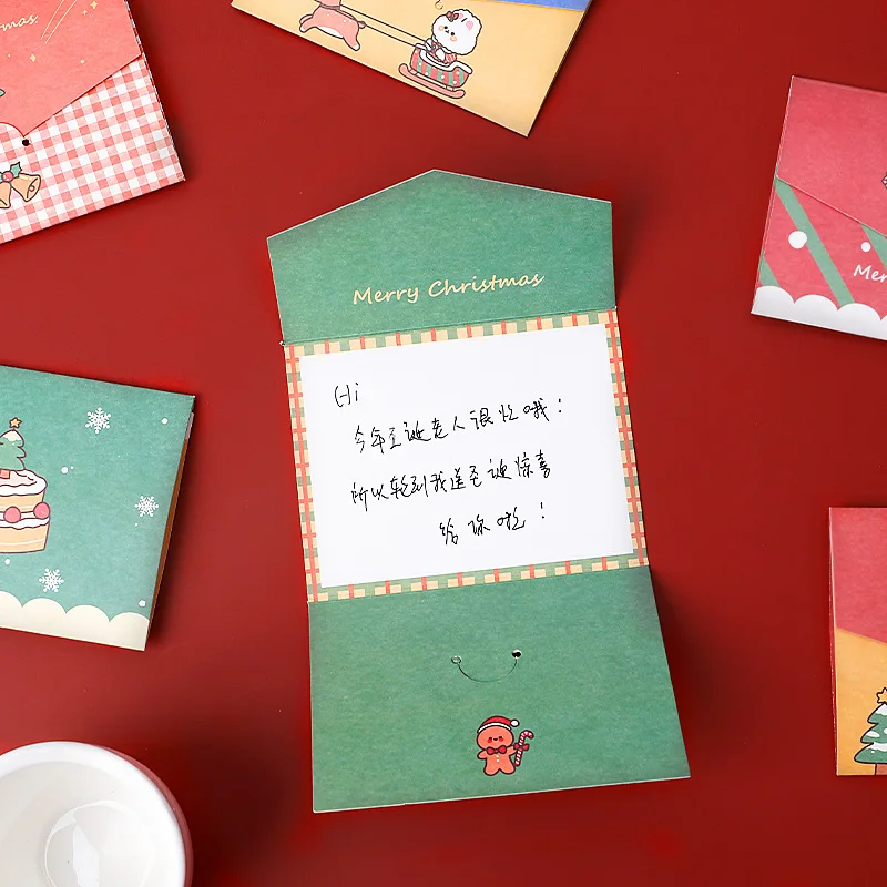 6pcs Merry Christmas Cards Cartoon Holiday Greeting Cards Envelope Wishing Blessing Gift Xmas Message Card
