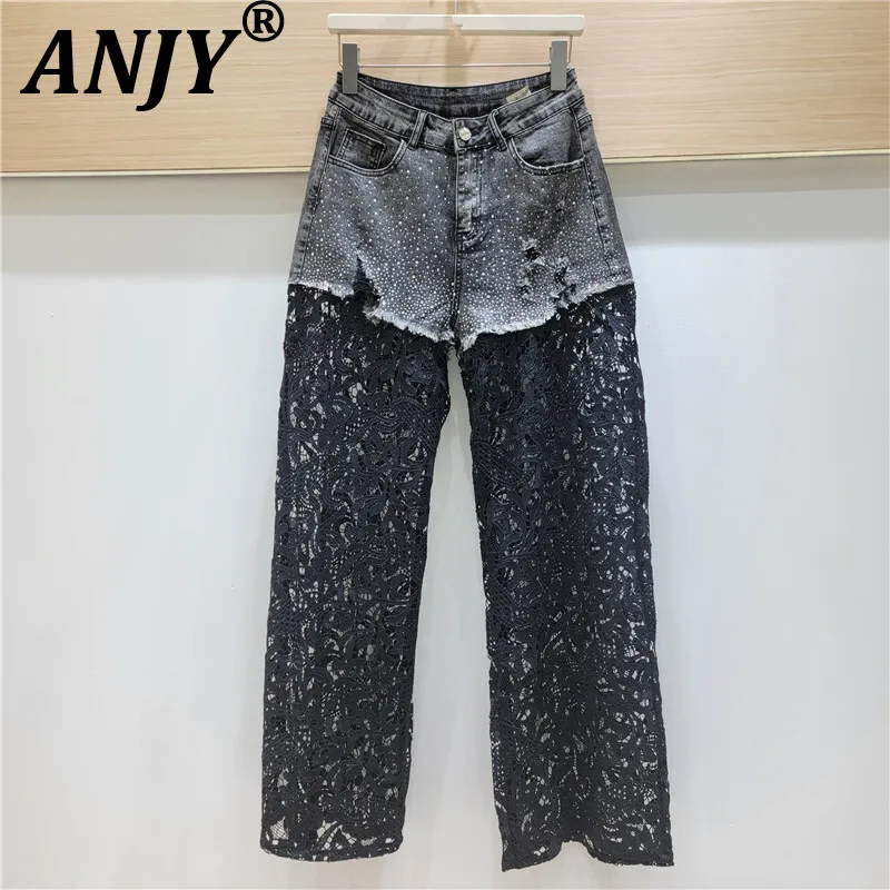 

ANJY Summer New Women Y2K Trendy Streetwear Shiny Diamonds Lace Patchwork Denim Pants Casual Versatile Chic Straight Jeans A7704