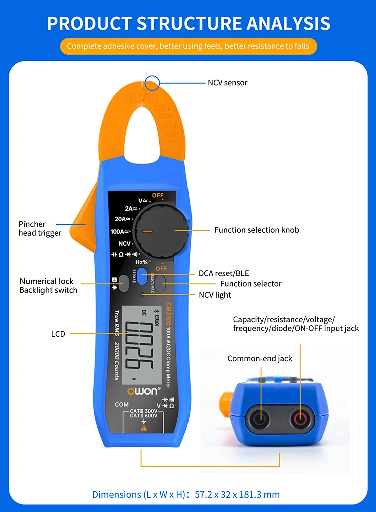 OWON smart Clamp Meter Owon CM2100/CM2100B Digital AC/DC Clamp Meter Mini Smart Portable Ammeter Voltage Voltmeter 20000 Counts