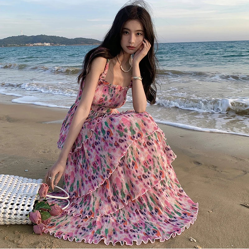 

Summer Women's Floral Vacation Beach Dress Midi Long Square Collar Lolita Dresses Bohemian Folds 2024 New Elegant Chic Chiffon