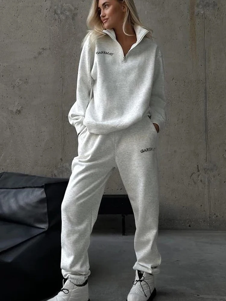 

FSMG Casual Cotton Tracksuit with Zipper Women's Oversize Long Sleeve Lapel Sweatshirt Elastic Waist Pant 2 Piece Set Sports Set