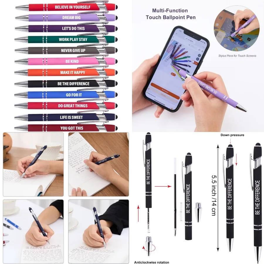 

Funny Pens - 12 Pack Fine Point Smooth Writing Pens with Inspirational Tips Black Ink Touch Stylus Screens Motivational Gift fo